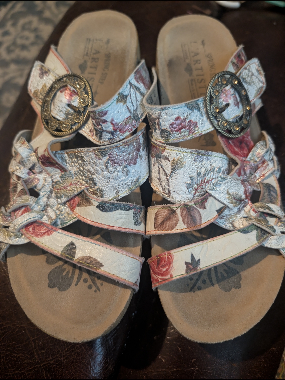 Artisan Floral Leather Strappy Sandals in White, Pink & Green
